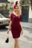 Burgundy Bodycon Lace Party Dress with Sleeves sold by Zapaka