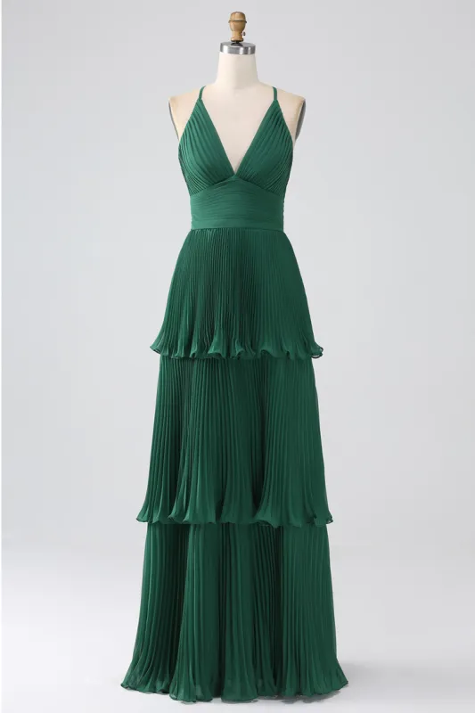 A-Line Dark Green Tiered Chiffon Bridesmaid Dress with Pleated sold by Zapaka