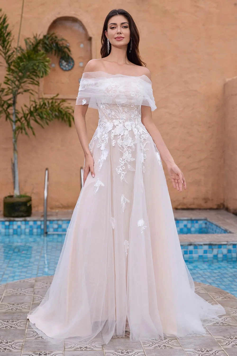 White A Line Off the Shoulder Tulle Lace Bridal Party Dress with Embroidery sold by Zapaka product image thumbnail 4