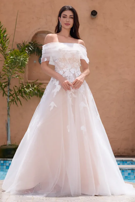 White A Line Off the Shoulder Tulle Lace Bridal Party Dress with Embroidery sold by Zapaka