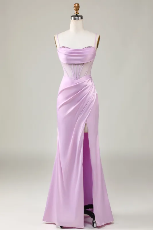 Mermaid Spaghetti Straps Lilac Long Bridesmaid Dress with Slit sold by Zapaka