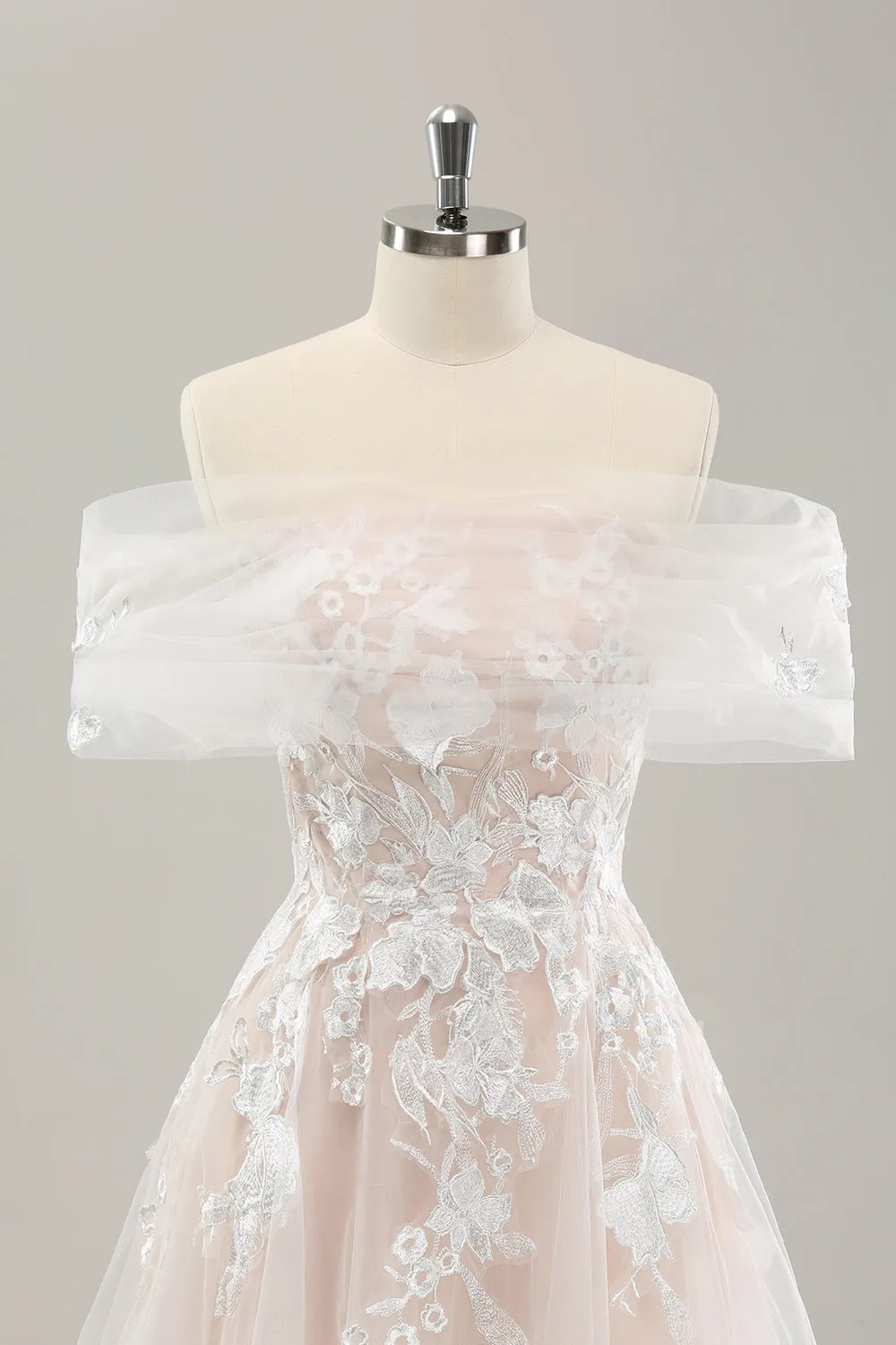 White A Line Off the Shoulder Tulle Bridal Dress with Embroidery sold by Zapaka product image thumbnail 4