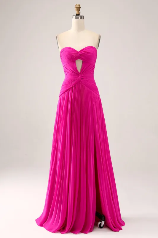 Fuchsia A Line Sweetheart Pleated Keyhole Long Prom Dress With Slit sold by Zapaka