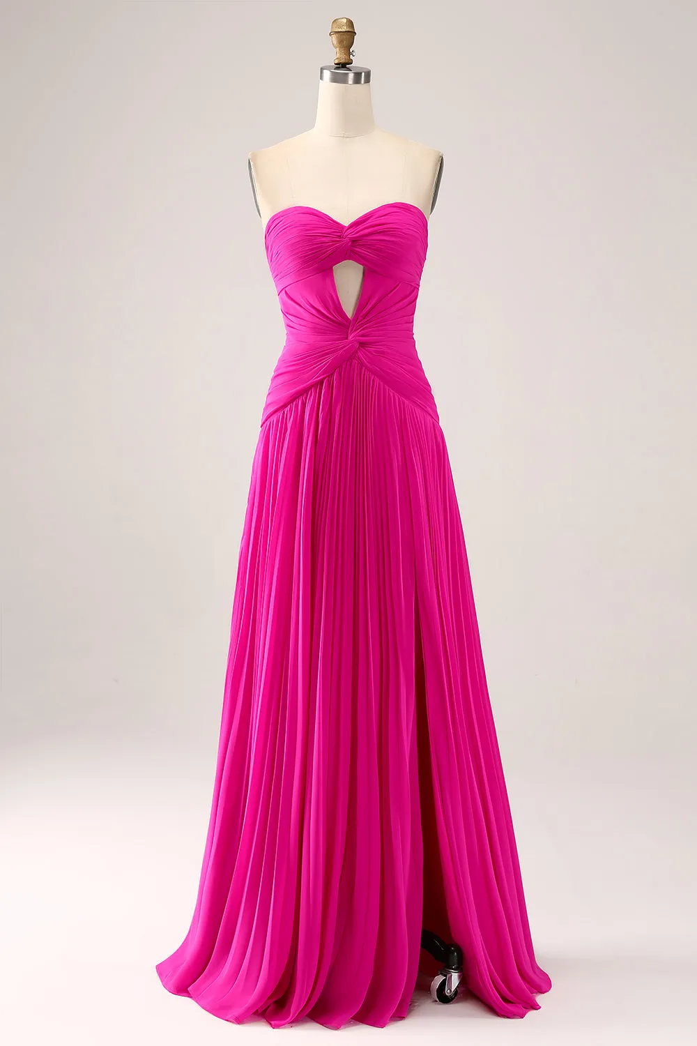 Fuchsia A Line Sweetheart Pleated Keyhole Long Prom Dress With Slit sold by Zapaka