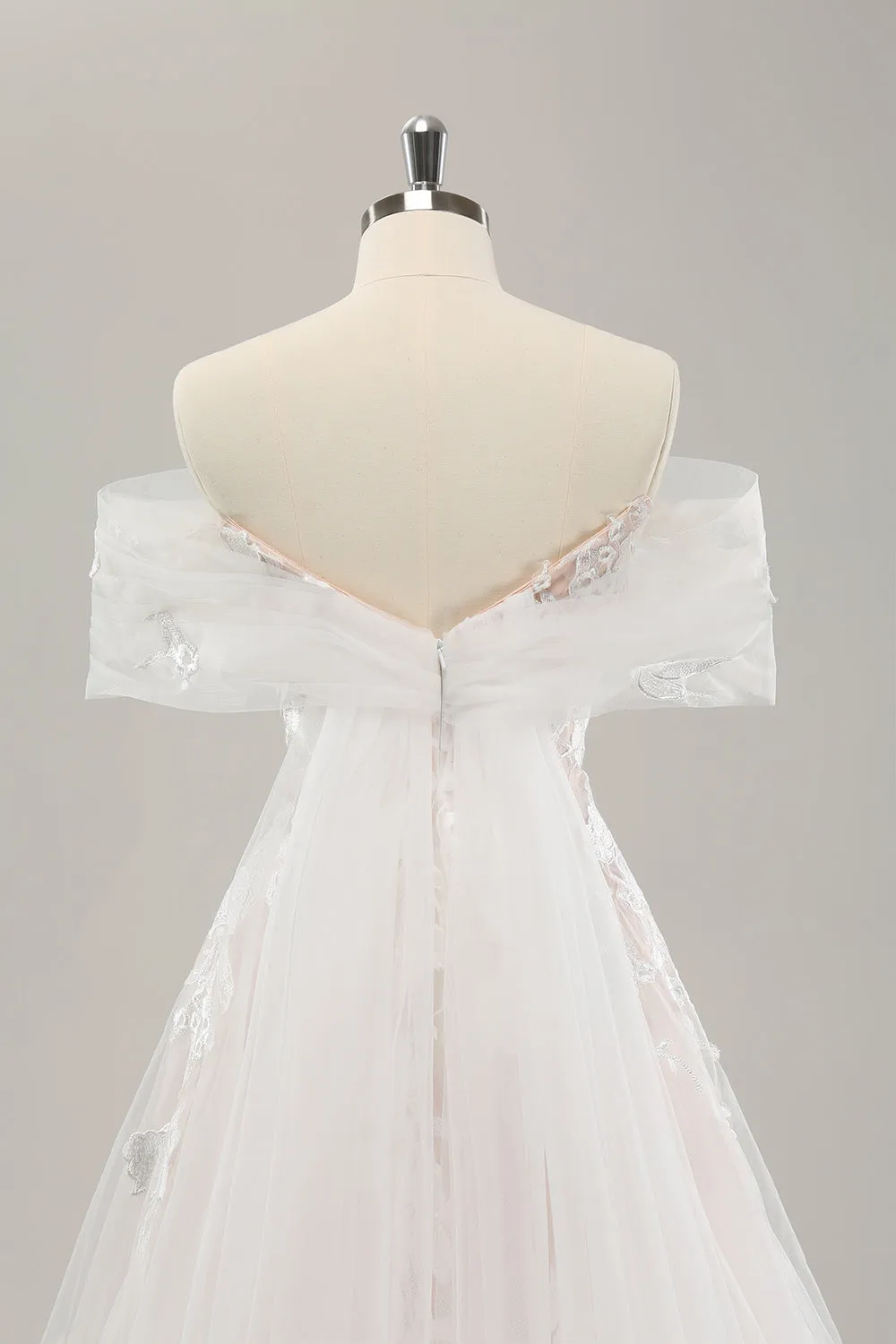 White A Line Off the Shoulder Tulle Bridal Dress with Embroidery sold by Zapaka product image thumbnail 5