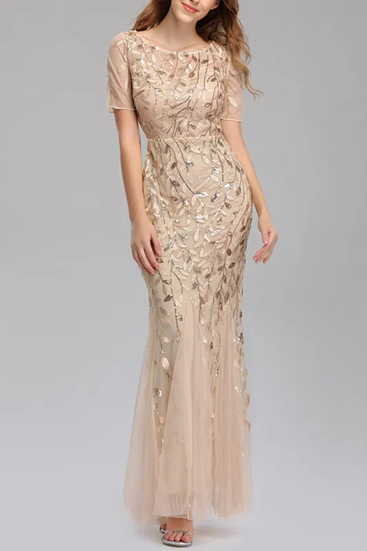 Mermaid Short Sleeves champagne Prom Dress made by Zapaka