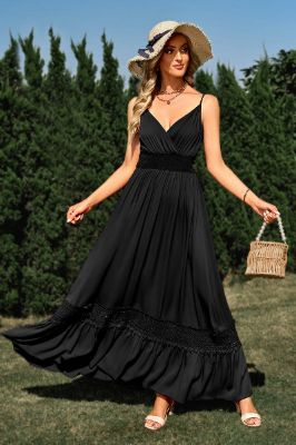 Black Spaghetti Straps Long Summer Dress With Lace sold by Zapaka