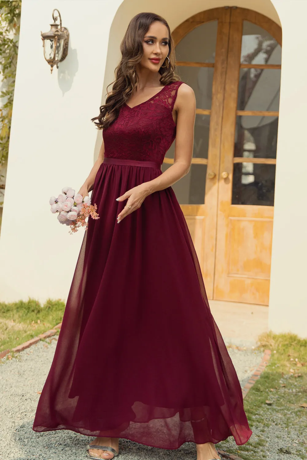 A Line V Neck Burgundy Long Lace Bridesmaid Dress sold by Zapaka product image thumbnail 5