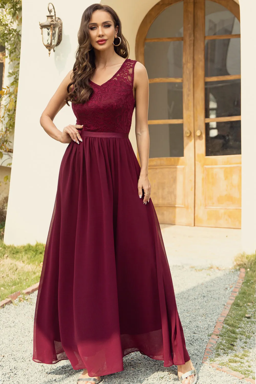 A Line V Neck Burgundy Long Lace Bridesmaid Dress sold by Zapaka