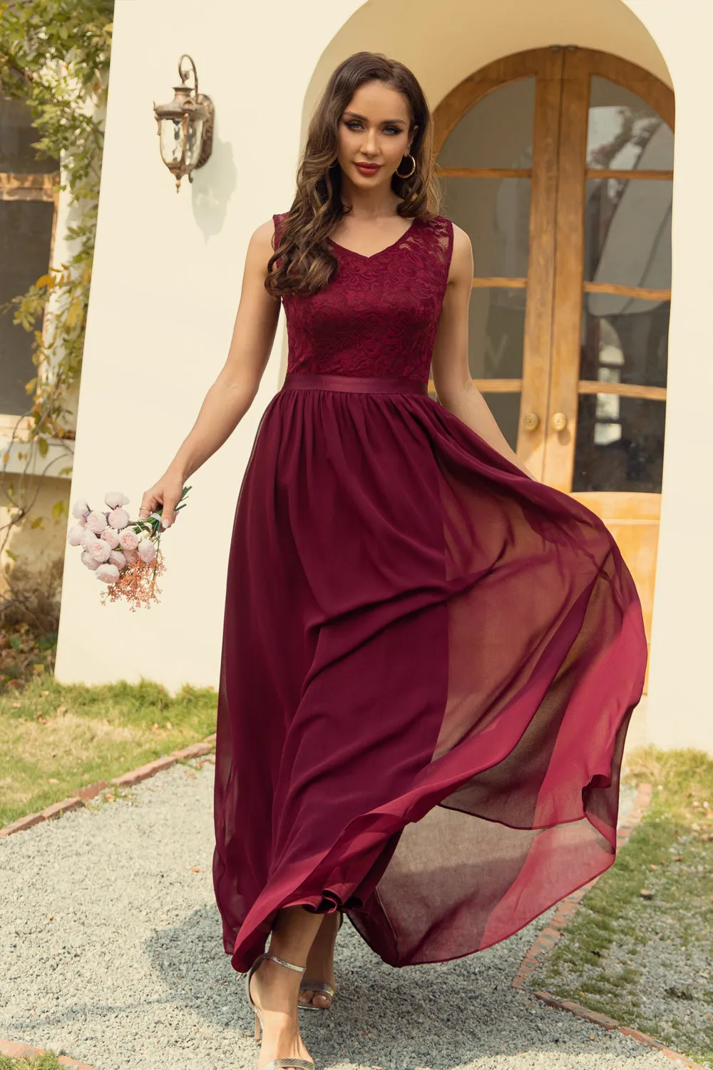 A Line V Neck Burgundy Long Lace Bridesmaid Dress sold by Zapaka product image thumbnail 4