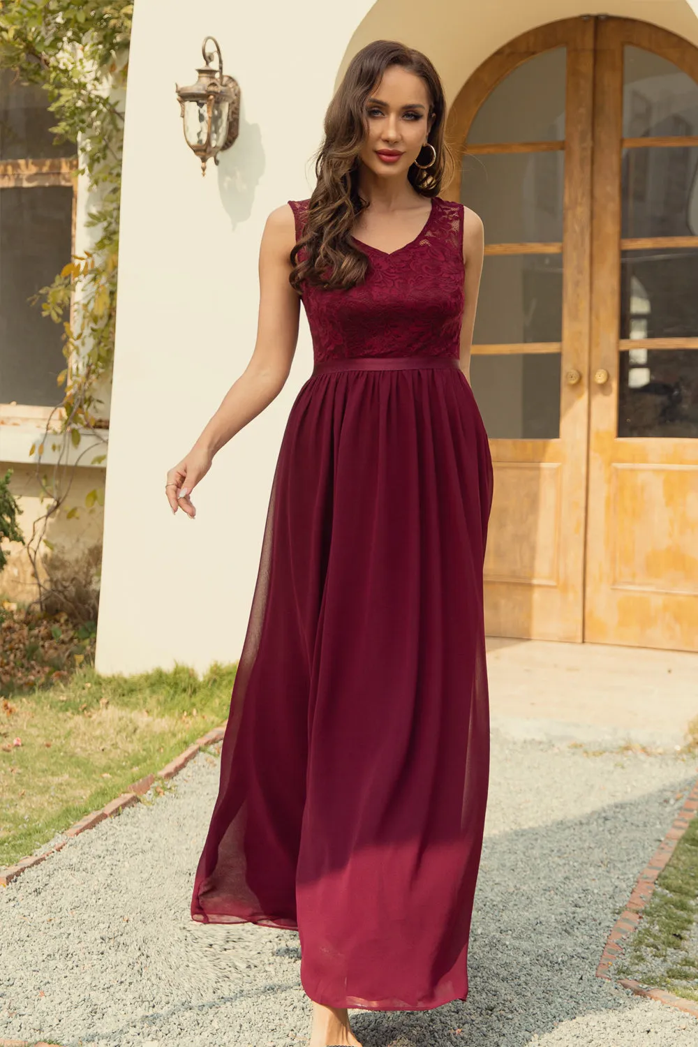 A Line V Neck Burgundy Long Lace Bridesmaid Dress sold by Zapaka product image thumbnail 3