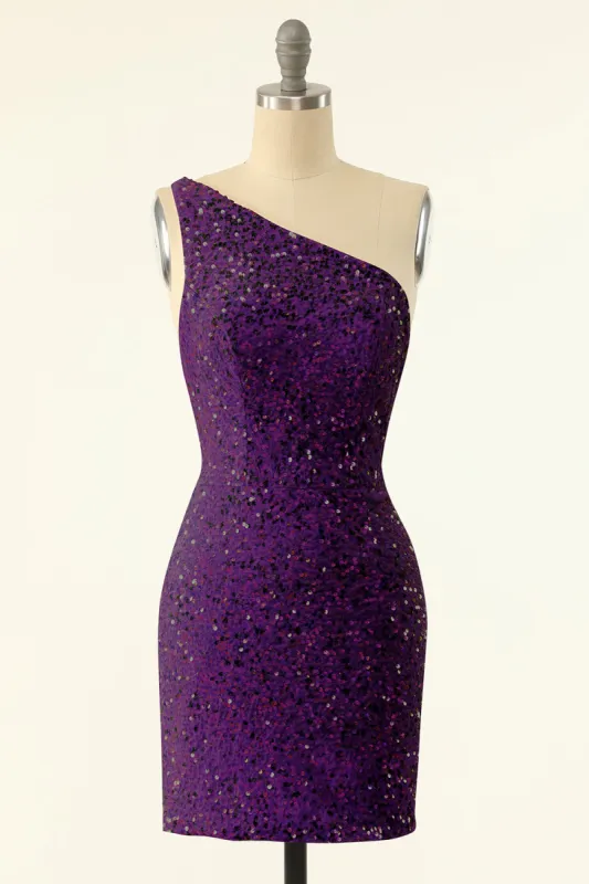 Purple One Shoulder Sequins Homecoming Dress sold by Zapaka