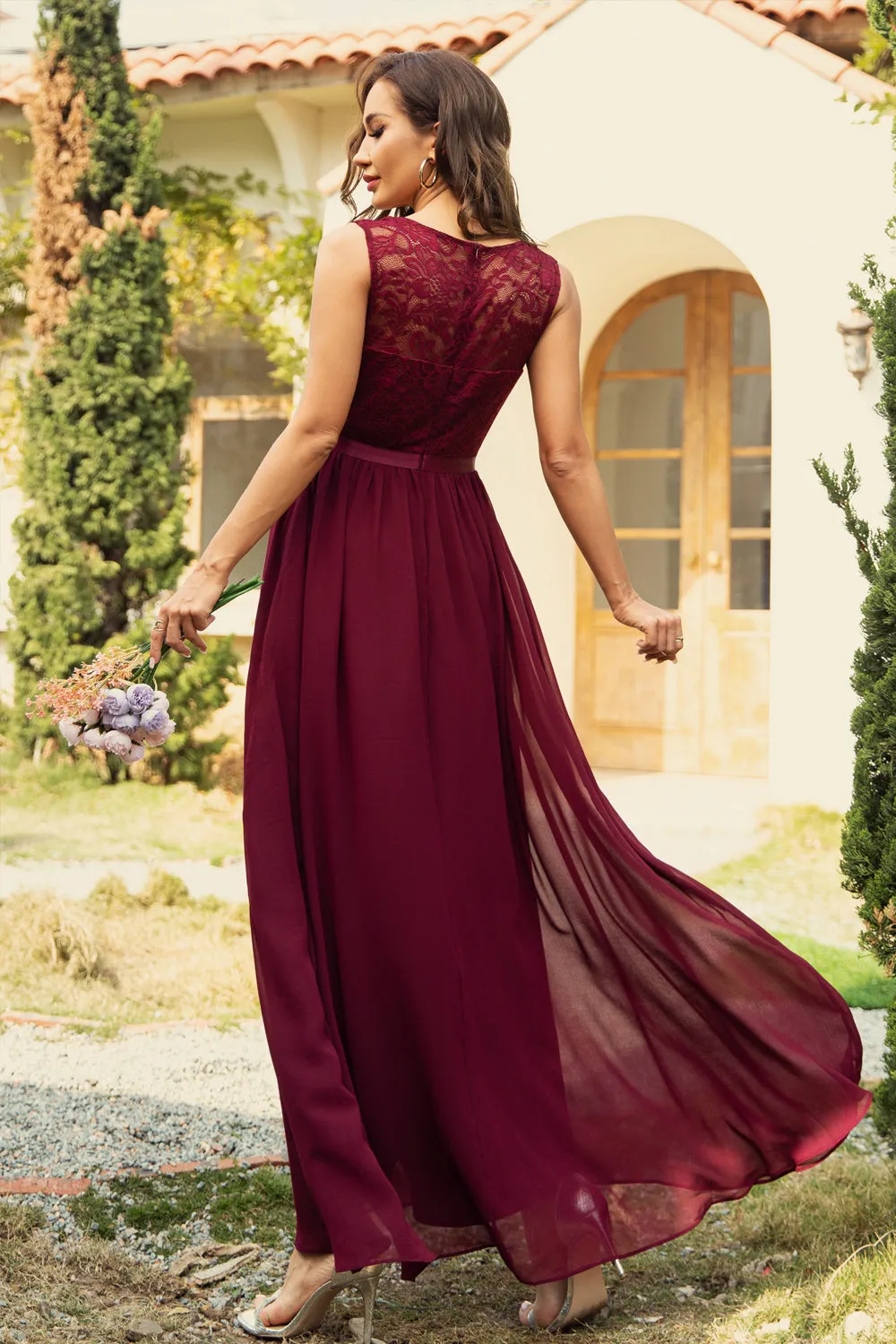 A Line V Neck Burgundy Long Lace Bridesmaid Dress sold by Zapaka product image thumbnail 2