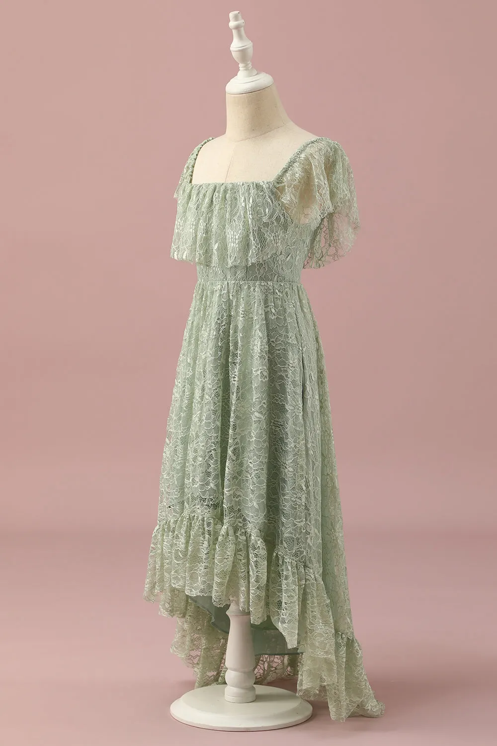 Green Lace Square Neck High Low Junior Bridesmaid Dress sold by Zapaka product image thumbnail 3
