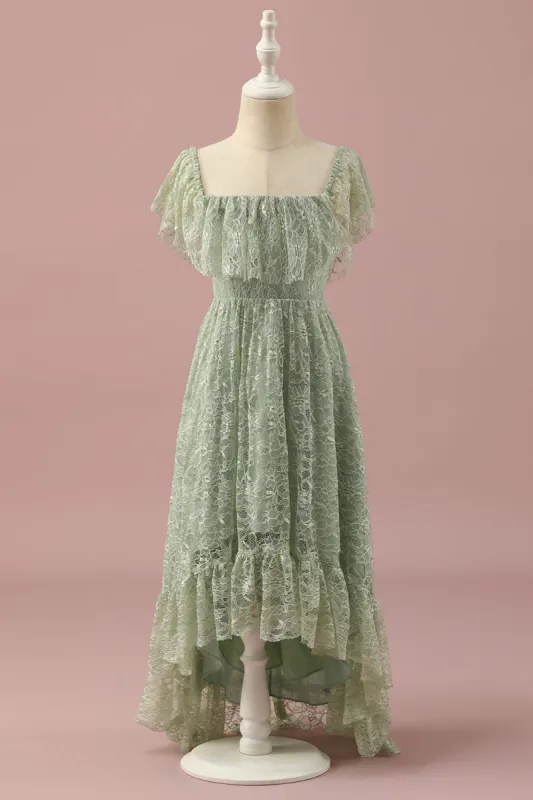 Green Lace Square Neck High Low Junior Bridesmaid Dress made by Zapaka