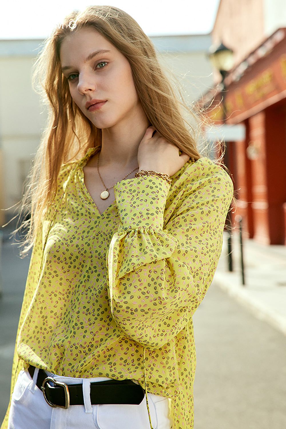 Yellow Floral Oversized Silk Women Blouse sold by Zapaka product image thumbnail 4