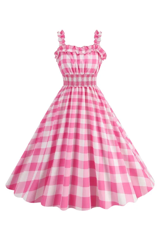 Pink Plaid A Line Smocked 1950s Dress sold by Zapaka