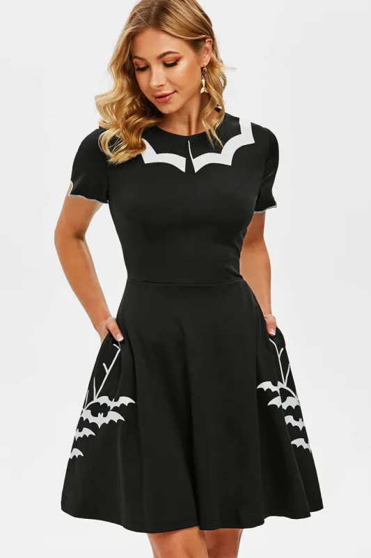 Black Bat Print Halloween Dress sold by Zapaka