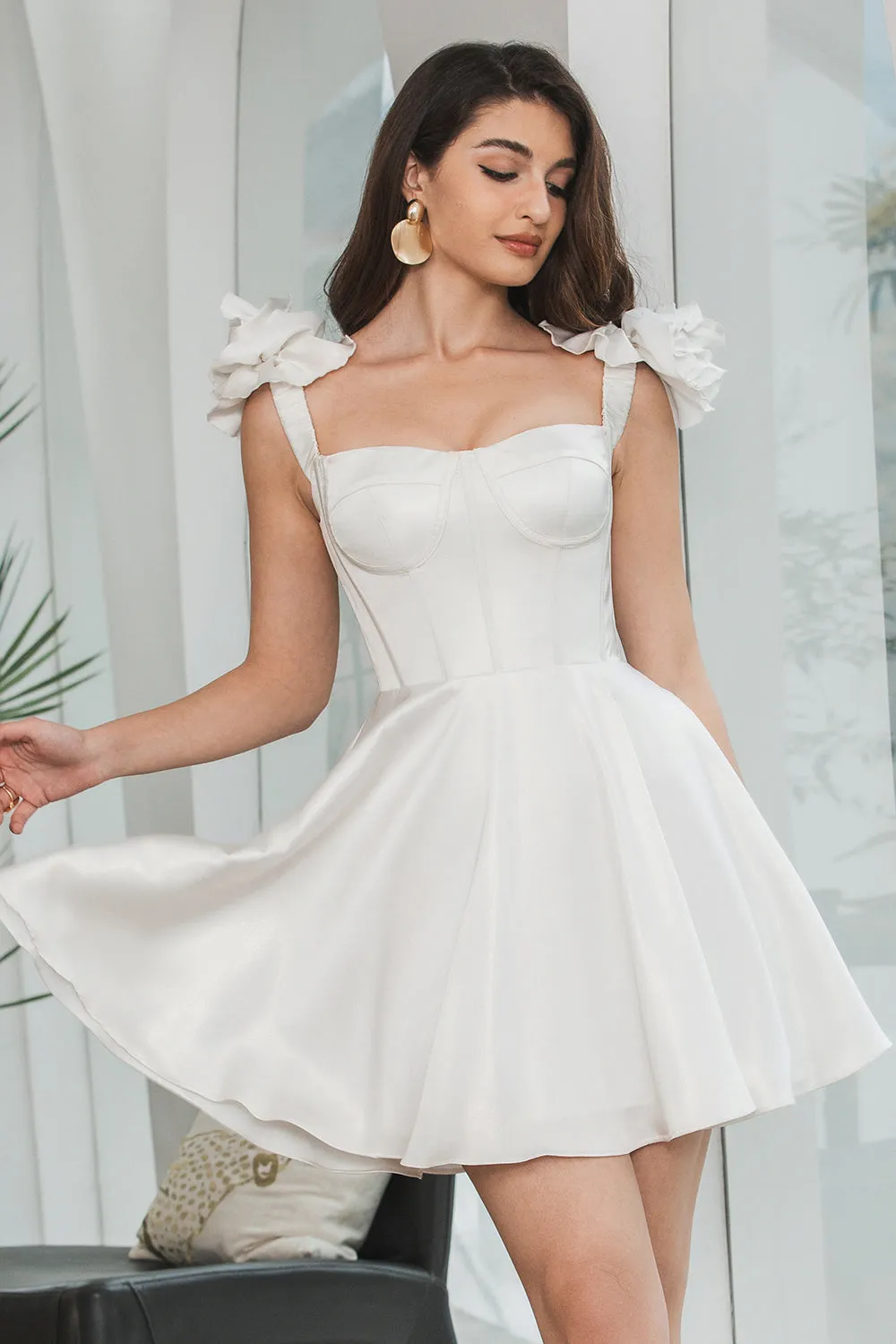 White A-Line Corset Short Simple Graduation Dress with Ruffles sold by Zapaka