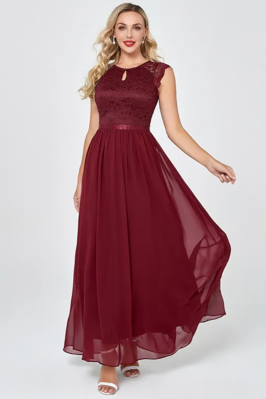 Burgundy Long Chiffon Formal Party Dress with Lace sold by Zapaka