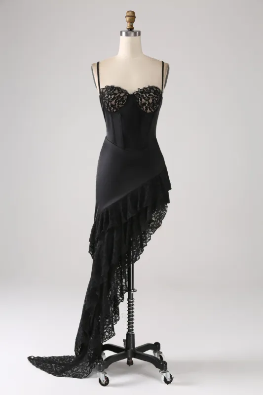 Asymmetrical Black Spaghetti Straps Prom Dress with Ruffles sold by Zapaka