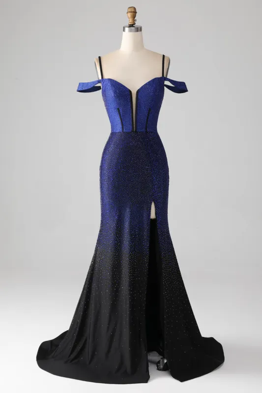 Sparkly Navy Mermaid Long Corset Prom Dress with Slit sold by Zapaka