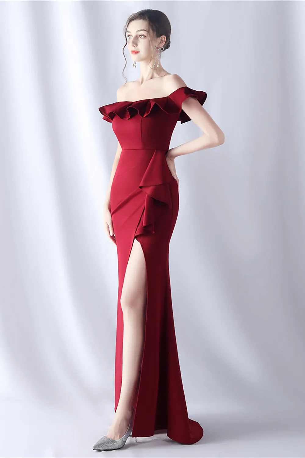 Burgundy Mermaid Off the Shoulder Long Formal Dress with Ruffles sold by Zapaka product image thumbnail 4