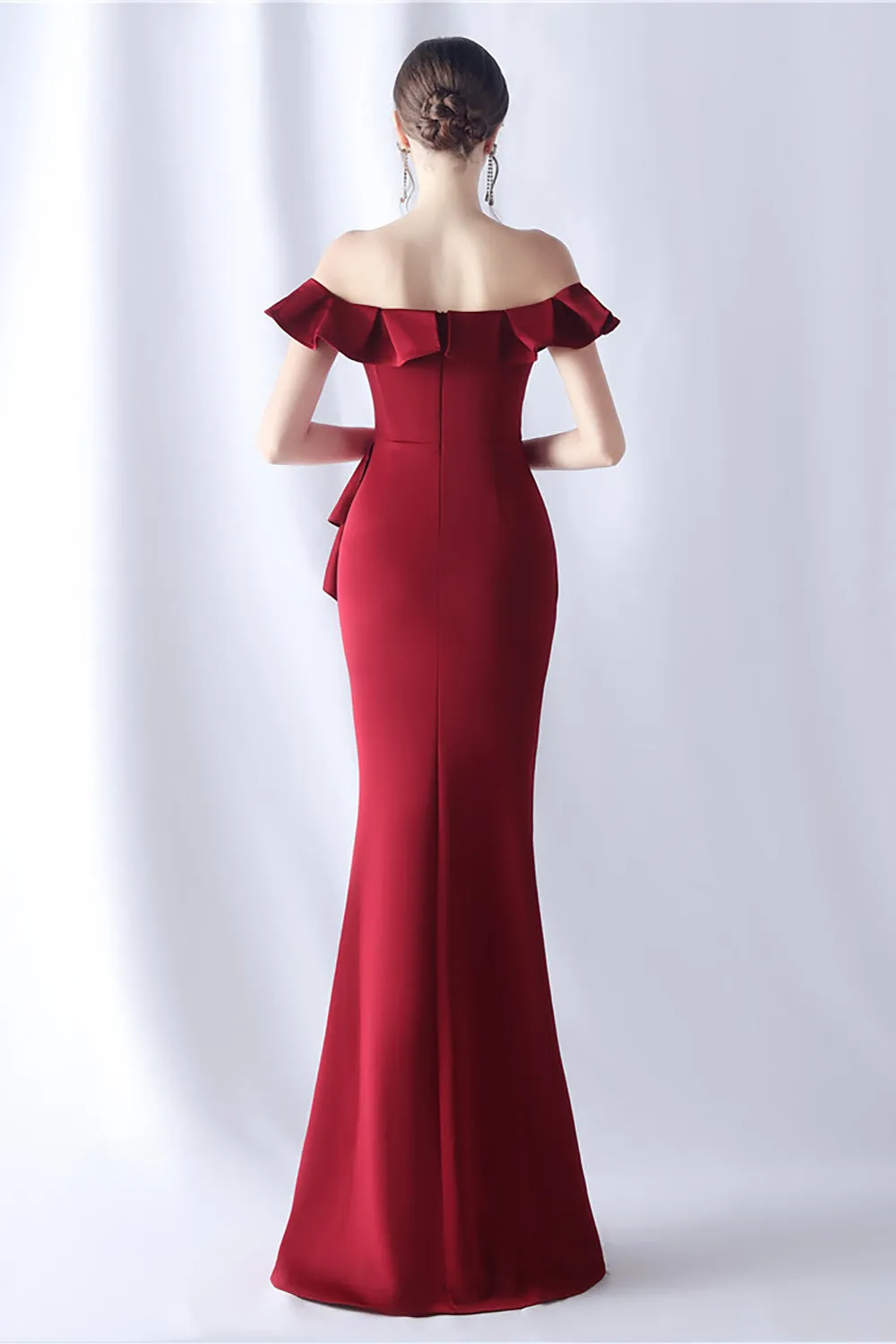 Burgundy Mermaid Off the Shoulder Long Formal Dress with Ruffles sold by Zapaka product image thumbnail 2