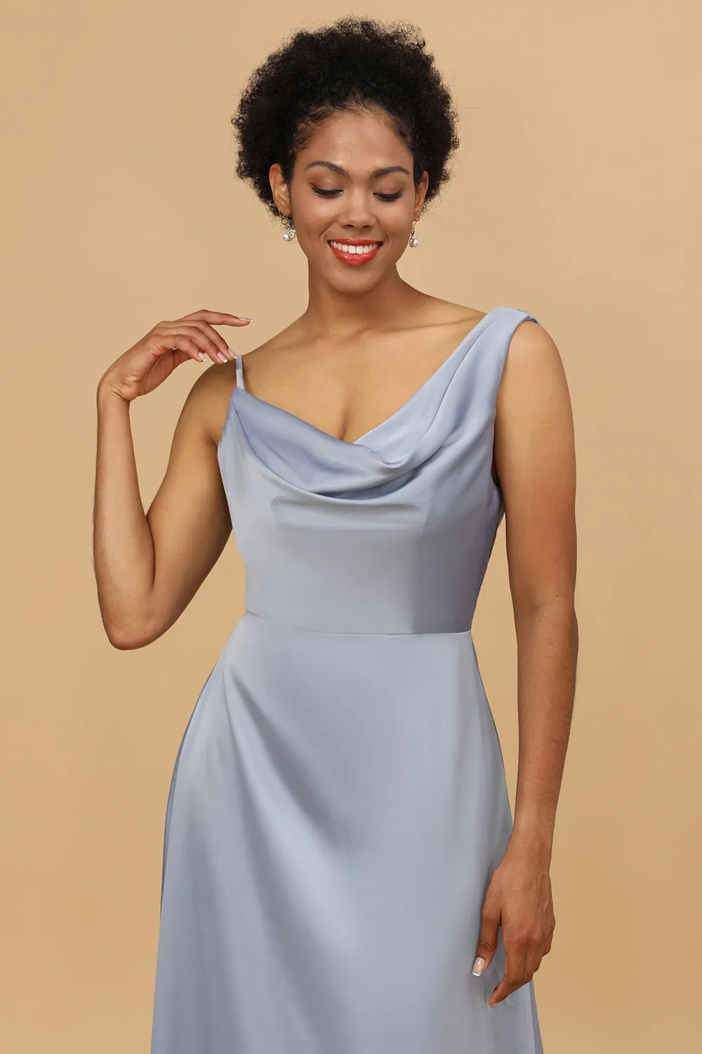 A Line Asymmetrical Neck Grey Blue Satin Long Bridesmaid Dress sold by Zapaka product image thumbnail 5