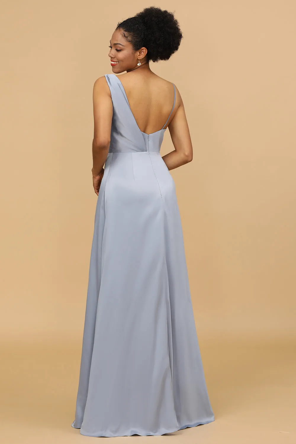 A Line Asymmetrical Neck Grey Blue Satin Long Bridesmaid Dress sold by Zapaka product image thumbnail 2