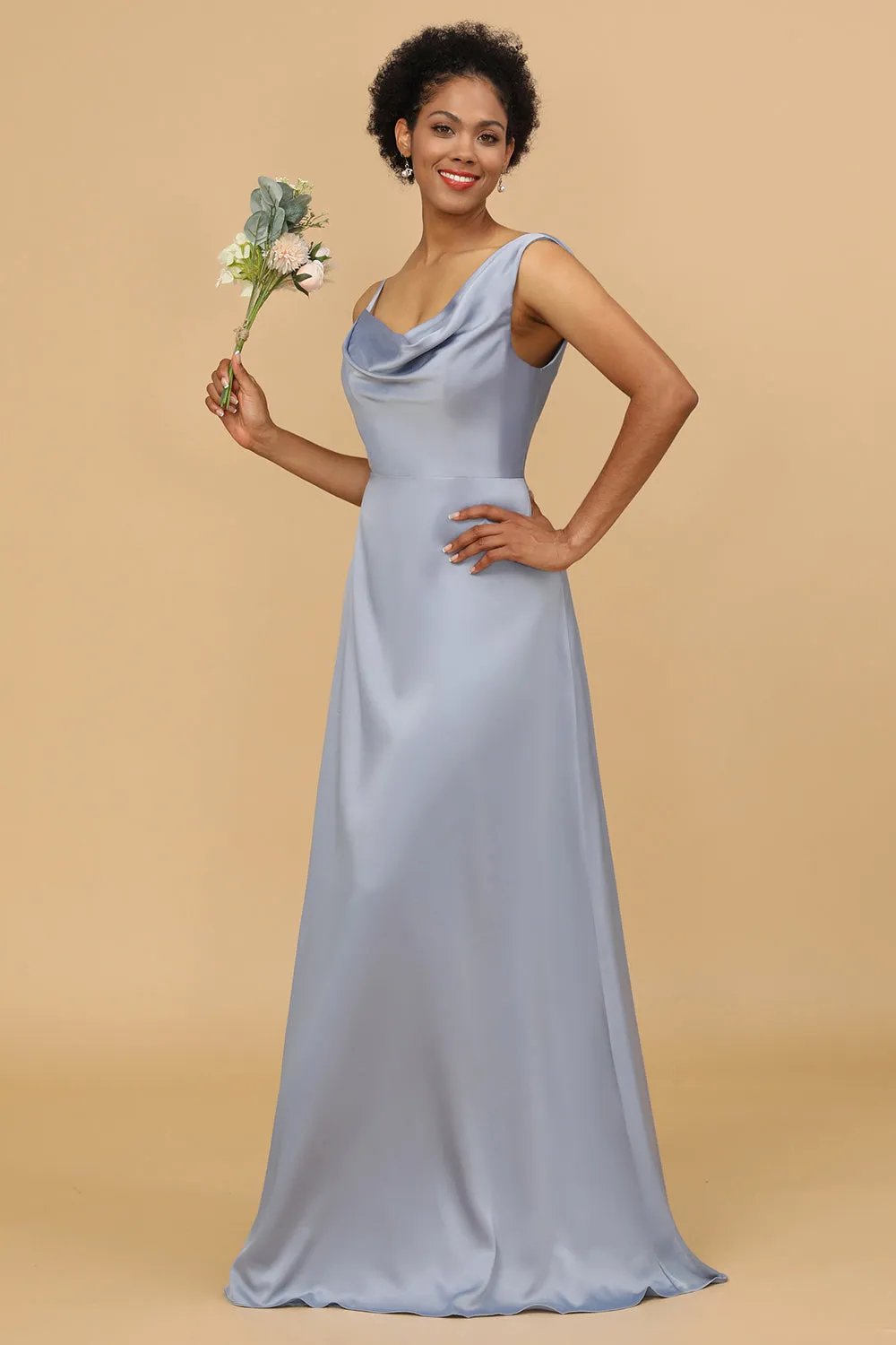 A Line Asymmetrical Neck Grey Blue Satin Long Bridesmaid Dress sold by Zapaka product image thumbnail 3