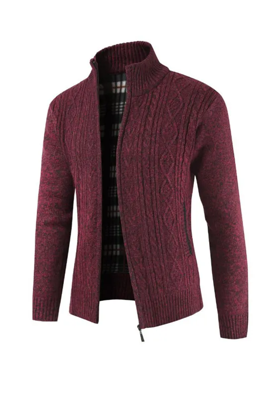 Burgundy Men's Casual Stand Collar Cardigan Zipper Cable Knitted Sweater made by Zapaka