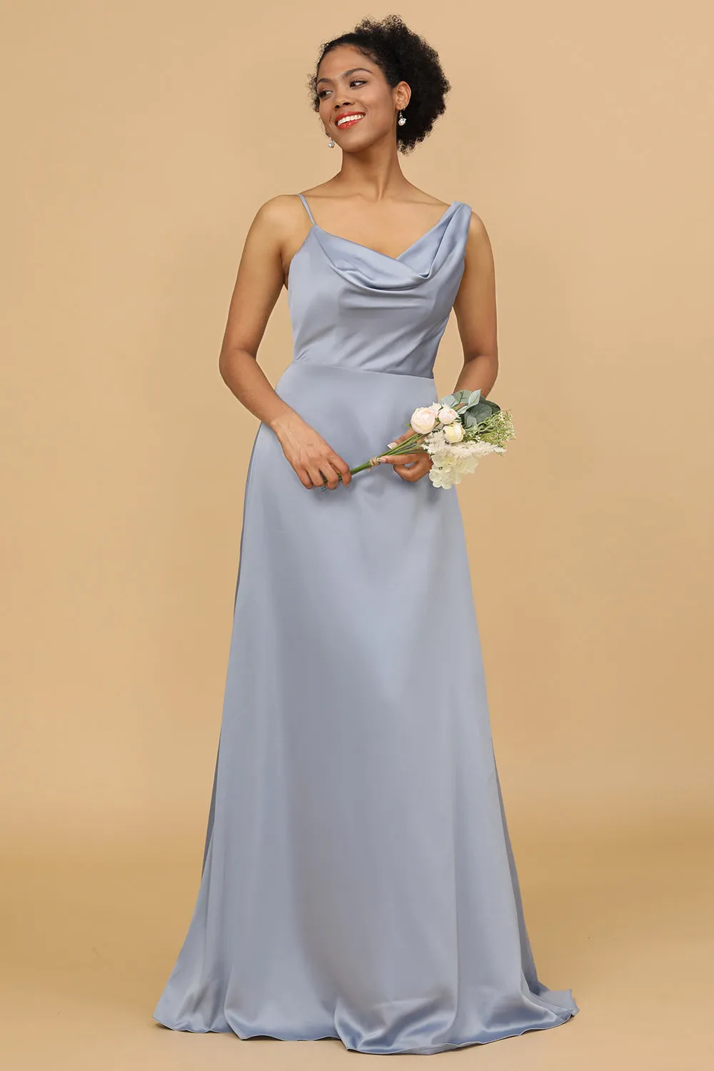 A Line Asymmetrical Neck Grey Blue Satin Long Bridesmaid Dress sold by Zapaka product image thumbnail 4