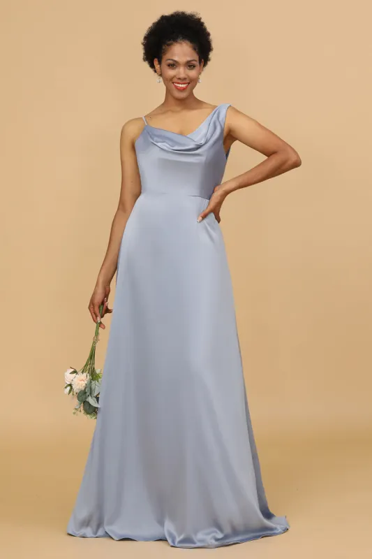A Line Asymmetrical Neck Grey Blue Satin Long Bridesmaid Dress sold by Zapaka