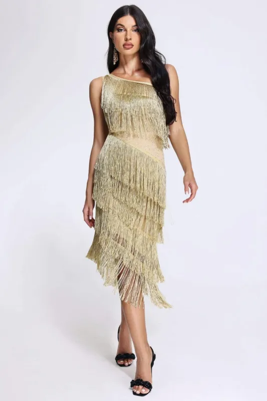 One Shoulder Golden Cocktail Dress with Fringes sold by Zapaka