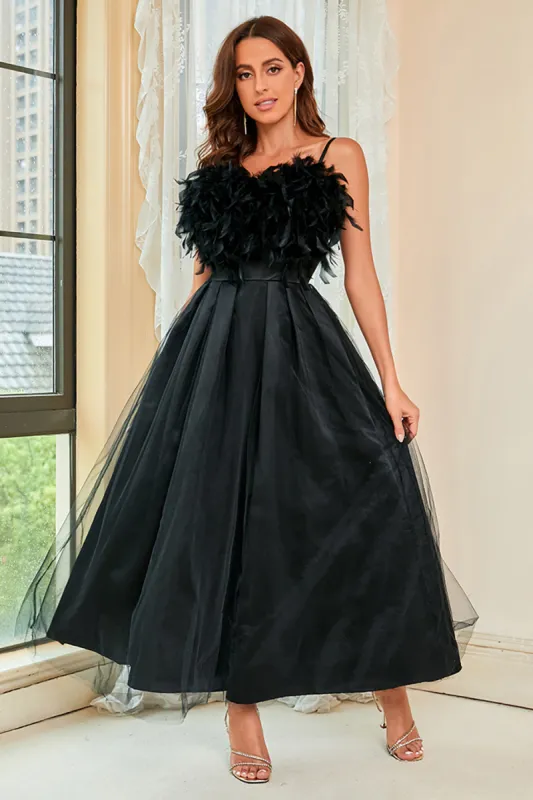 Black Spaghetti Straps Open Back Prom Dress With Feathers made by Zapaka