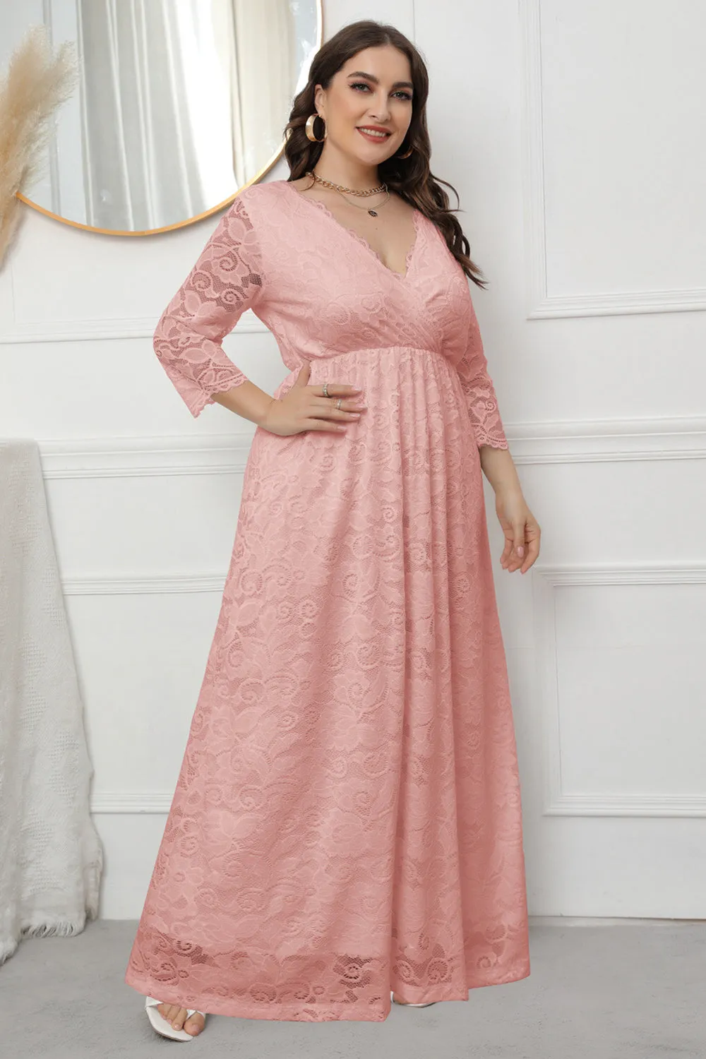 Plus Size V-Neck Lace Pink Mother Of The Bride Dress sold by Zapaka product image thumbnail 3