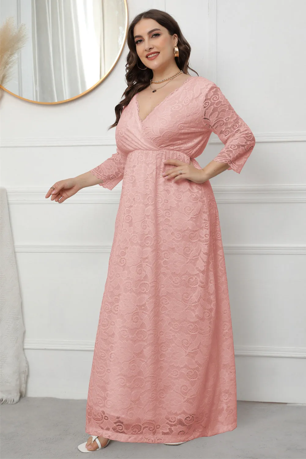 Plus Size V-Neck Lace Pink Mother Of The Bride Dress sold by Zapaka product image thumbnail 4