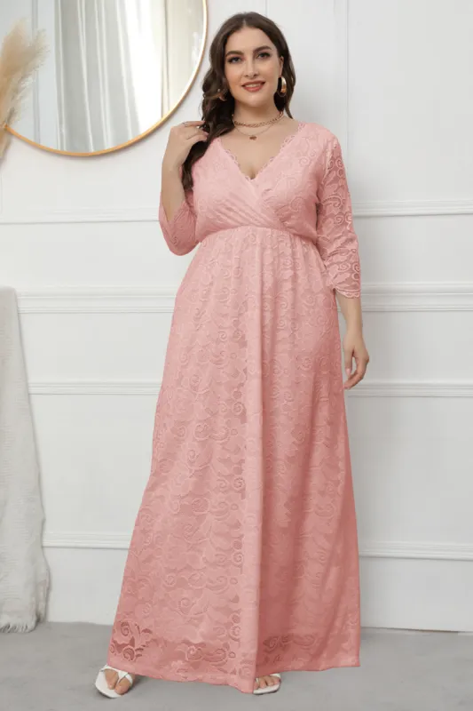 Plus Size V-Neck Lace Pink Mother Of The Bride Dress made by Zapaka