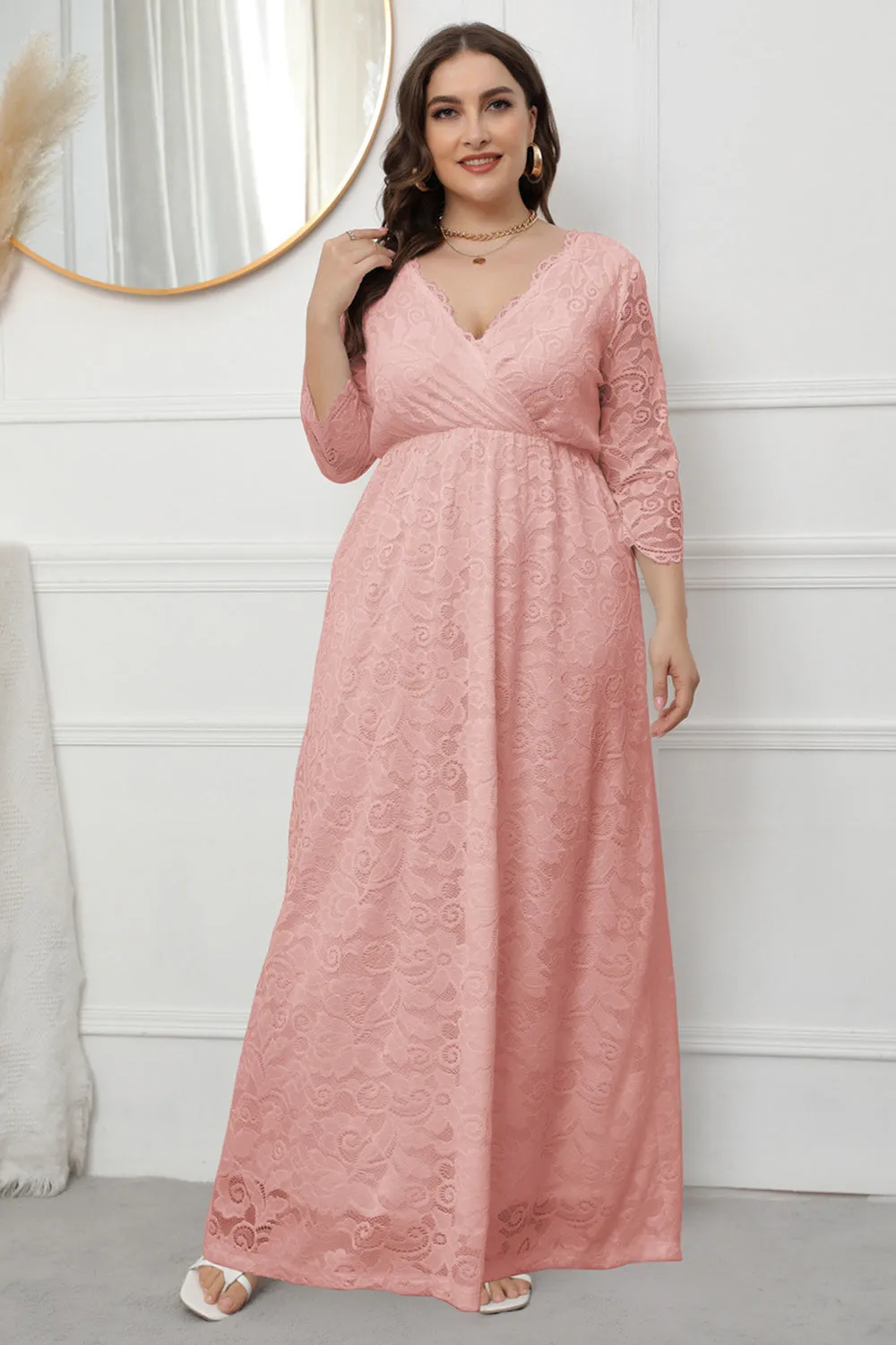 Plus Size V-Neck Lace Pink Mother Of The Bride Dress sold by Zapaka