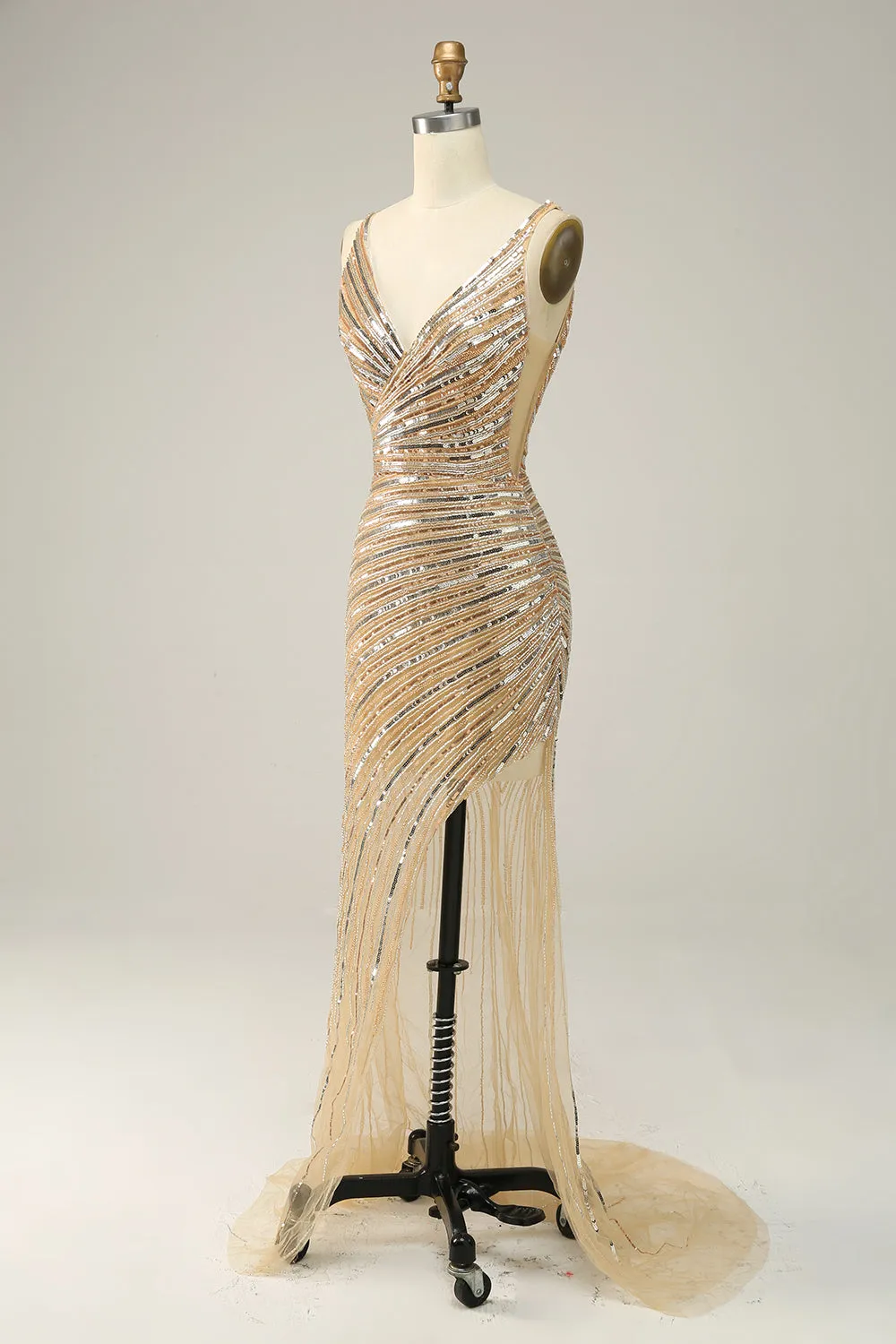Sheath V Neck Golden Sequins Long Prom Dress with Open Back sold by Zapaka product image thumbnail 3