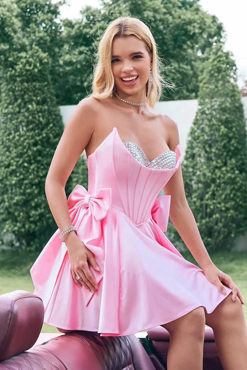Cute Pink A Line Strapless Beaded Corset Ruffle Homecoming Dress with Bows sold by Zapaka product image thumbnail 2