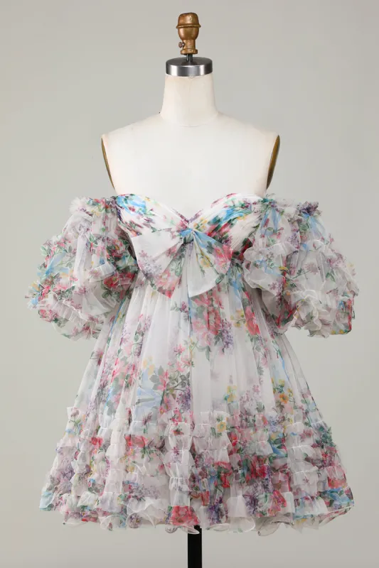 Ivory Floral Printed A-Line Puff Sleeves Short Tulle Homecoming Dress sold by Zapaka