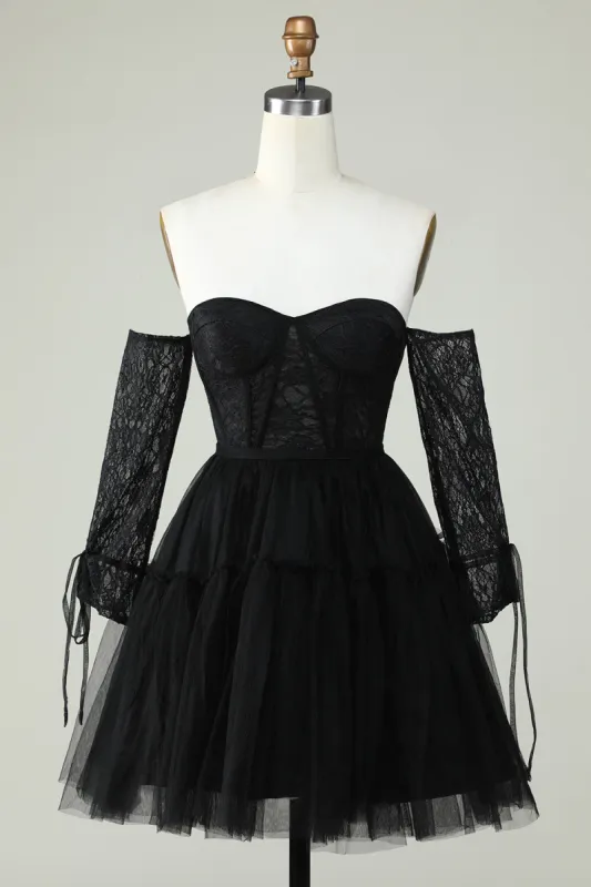 A Line Off the Shoulder Black Corset Homecoming Dress with Long Sleeves sold by Zapaka