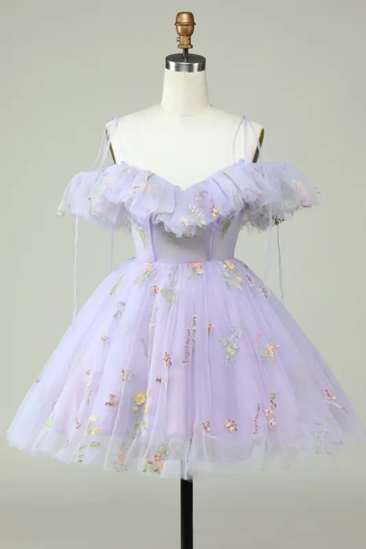 Lavender Off the Shoulder Corset Homecoming Dress with Ruffles sold by Zapaka