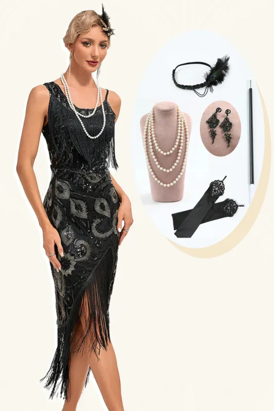Glitter Black Fringed Sequins 1920s Gatsby Dress with 20s Accessories sold by Zapaka