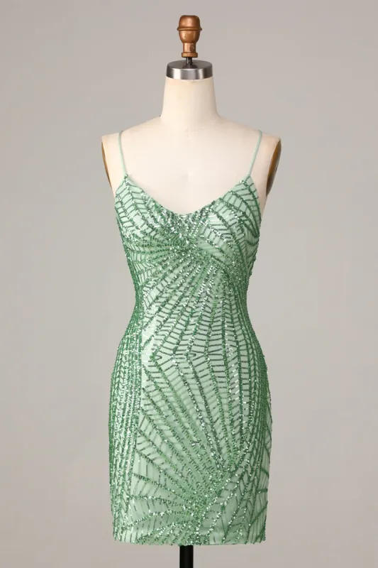 Club Chic Sheath Spaghetti Straps Green Sequins Short Homecoming Dress with Criss Cross Back sold by Zapaka