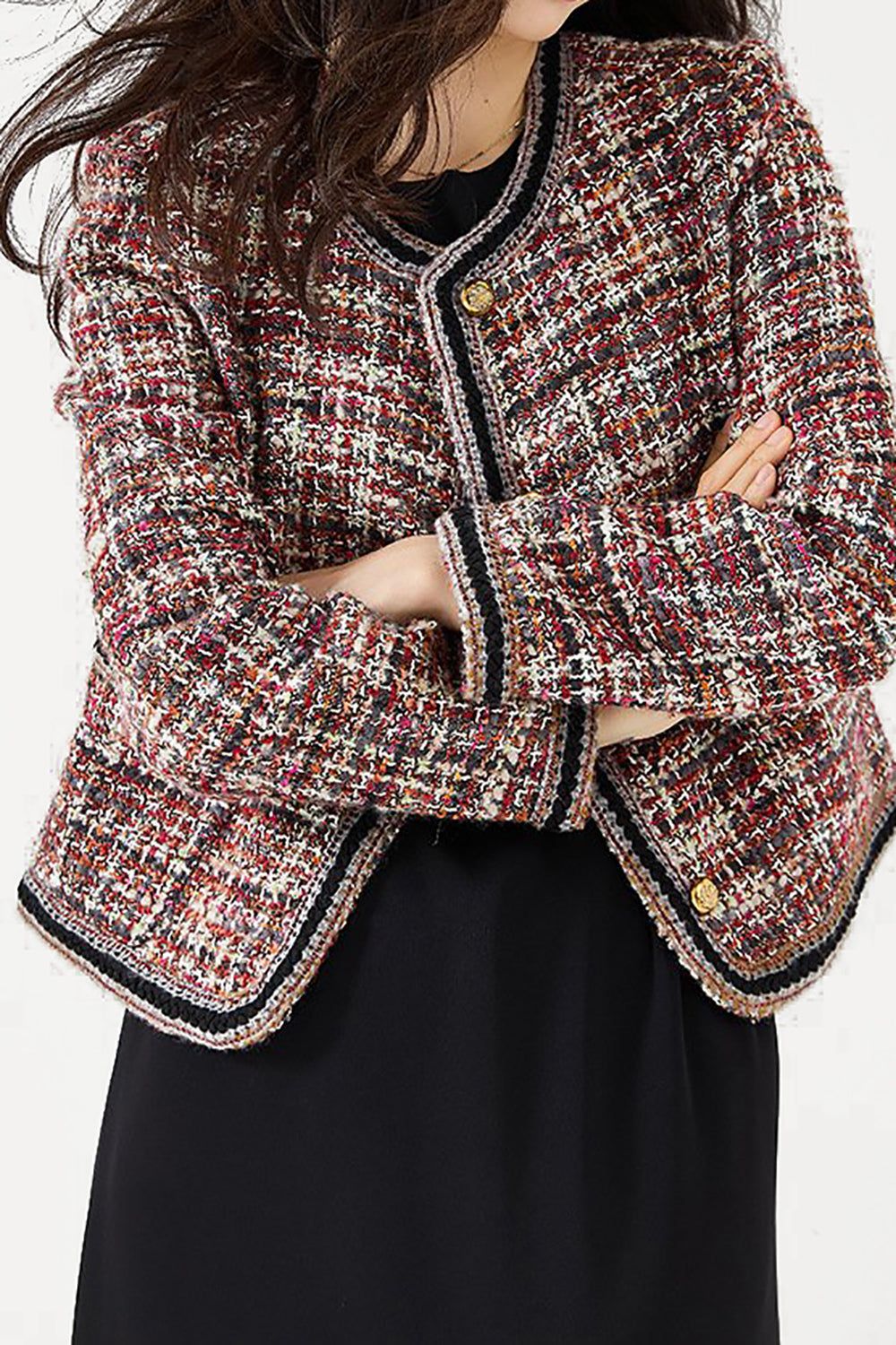 Red Tweed Plaid Cropped Open Front Women Jacket sold by Zapaka product image thumbnail 5