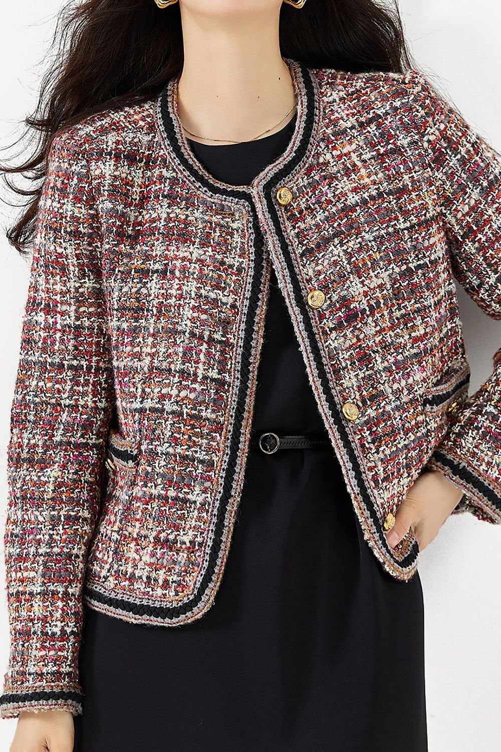 Red Tweed Plaid Cropped Open Front Women Jacket sold by Zapaka product image thumbnail 2