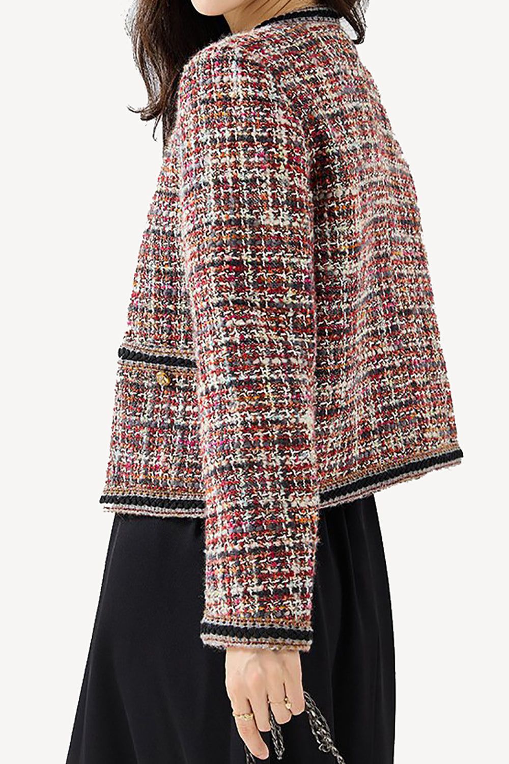 Red Tweed Plaid Cropped Open Front Women Jacket sold by Zapaka product image thumbnail 3